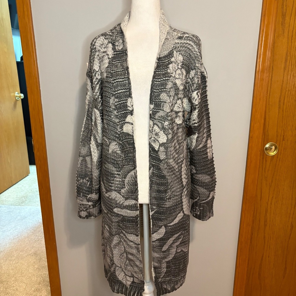 The Nu Vintage Floral Duster Cardigan Grey Longline boho Open Front Knit L‎ NEW